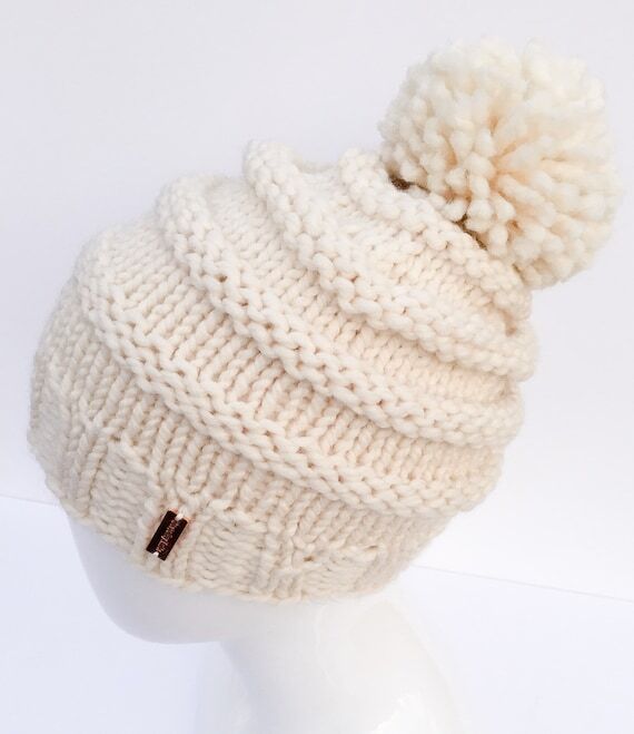 Hand Knit Slouchy Pom Pom Hat: Cream Lambswoo...