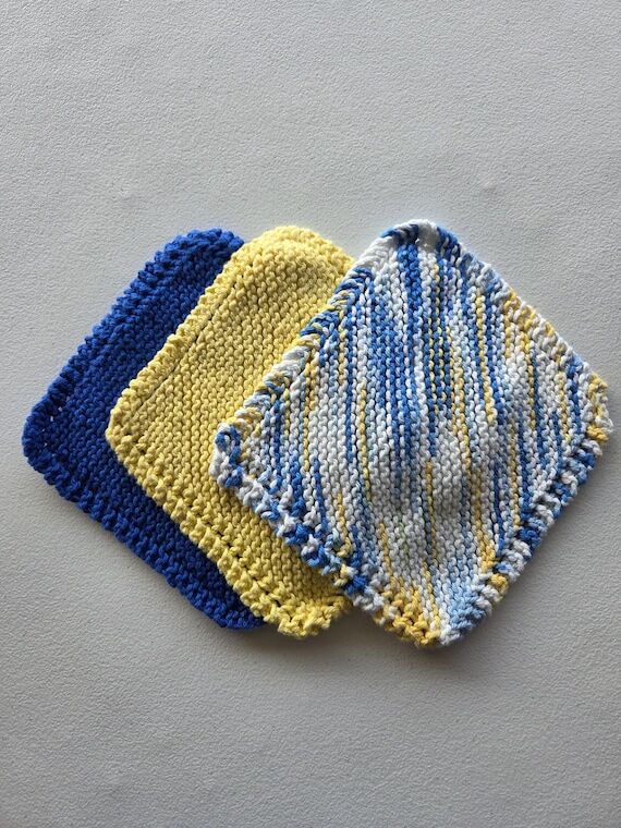 Hand Knitted Yellow Blue and White Cotton Dis...