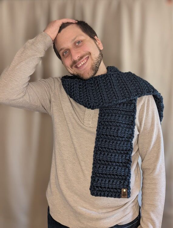 Chunky Blue Crochet Scarf, Handmade Wool Blen...