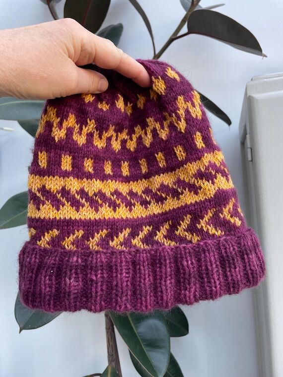 Hand Knitted Nordic Hat: Purple Gold Fair Isl...