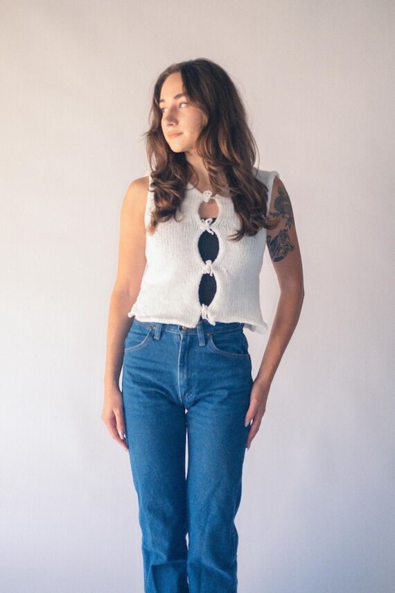 handmade Knit white tied top, versatile with ...