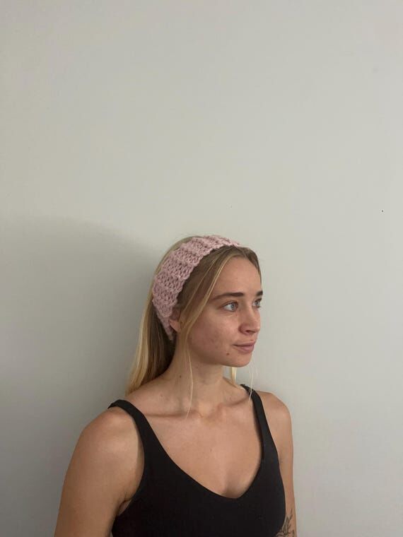 Hand Knit Pink Stretchy Headband, Christmas G...