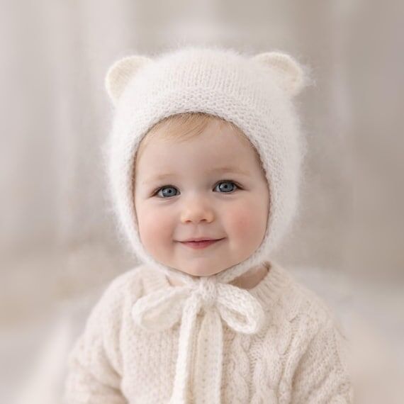 Hand Knit Baby Bear Bonnet – Soft Mink Wool...