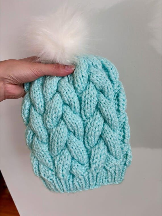 Handmade Aqua Cable Knit Beanie with Faux Fur...