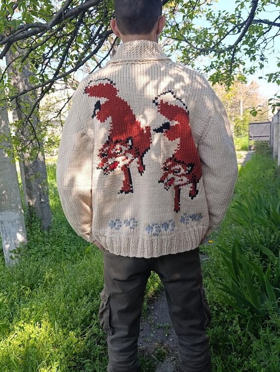 Custom Fox Knit Cardigan Handmade, Chunky Woo...