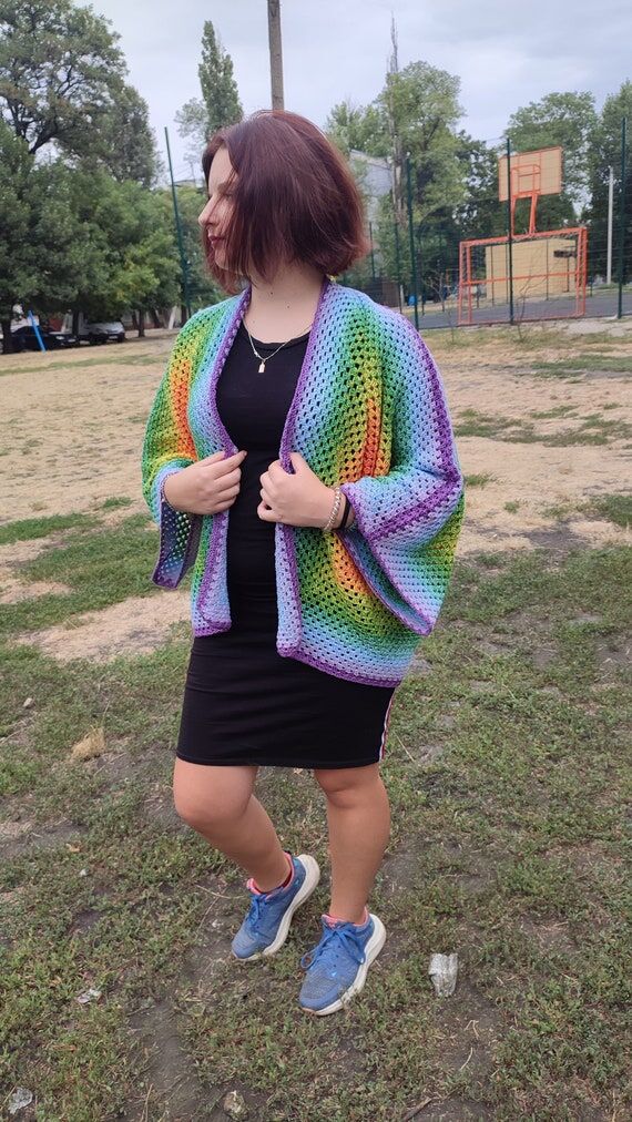 Handmade Crochet Hexagon Cardigan: Rainbow Co...