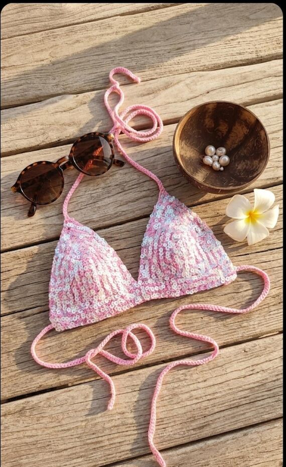 Hand-Crocheted Sequin Bikini Top, Boho Summer...