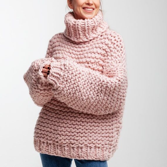 Chunky Knit Turtleneck Sweater, Oversized Mer...