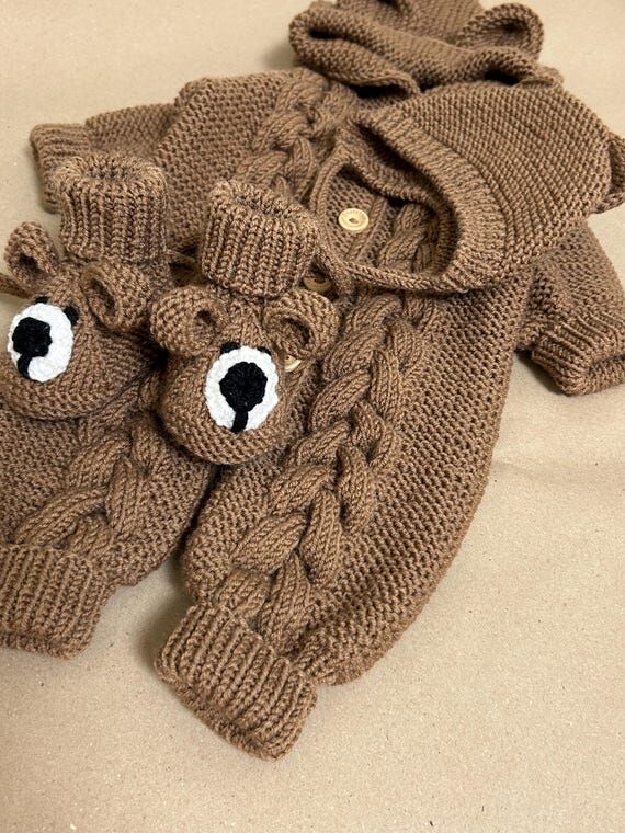 Handmade Knitted Baby Romper: Bear Ear Hoodie...