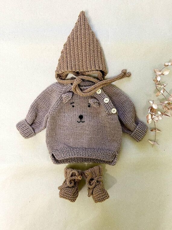Hand-Knitted Baby Bear Set - Sweater, Bonnet ...