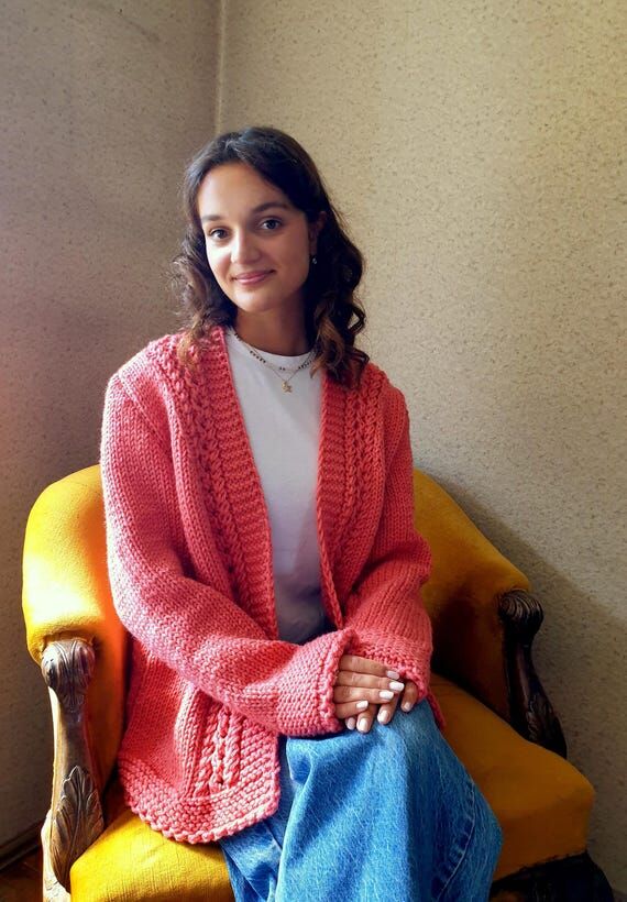 Hand Knit Coral Cardigan: Elegant Pattern, So...