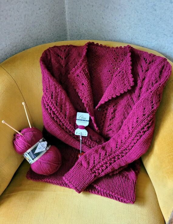 Hand Knitted Wool Cardigan: Burgundy French S...