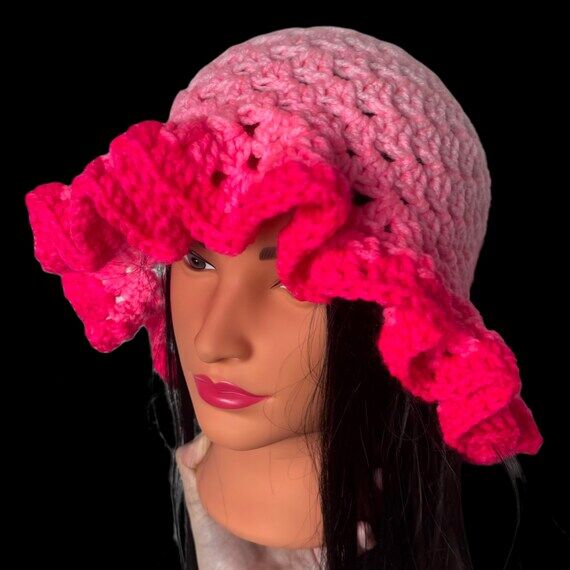 Handmade Pink Ombré Crochet Bucket Ruffle Ha...