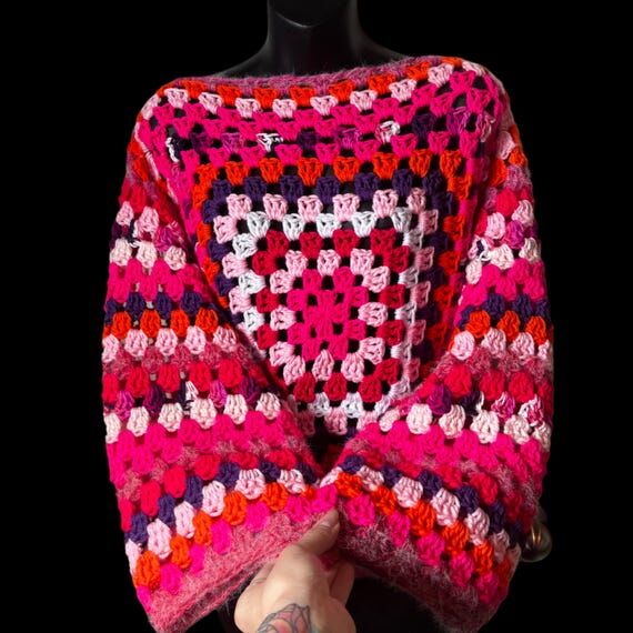Hot Pink Granny Square Pullover Sweater, Jump...