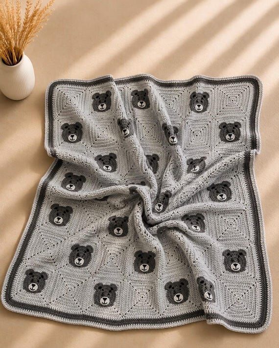 Handmade Crochet Teddy Bear Blanket, Baby Bla...