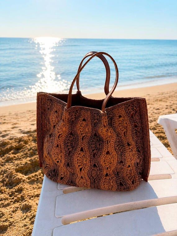 Handmade Crochet Tote Bag, Brown Raffia Beach...