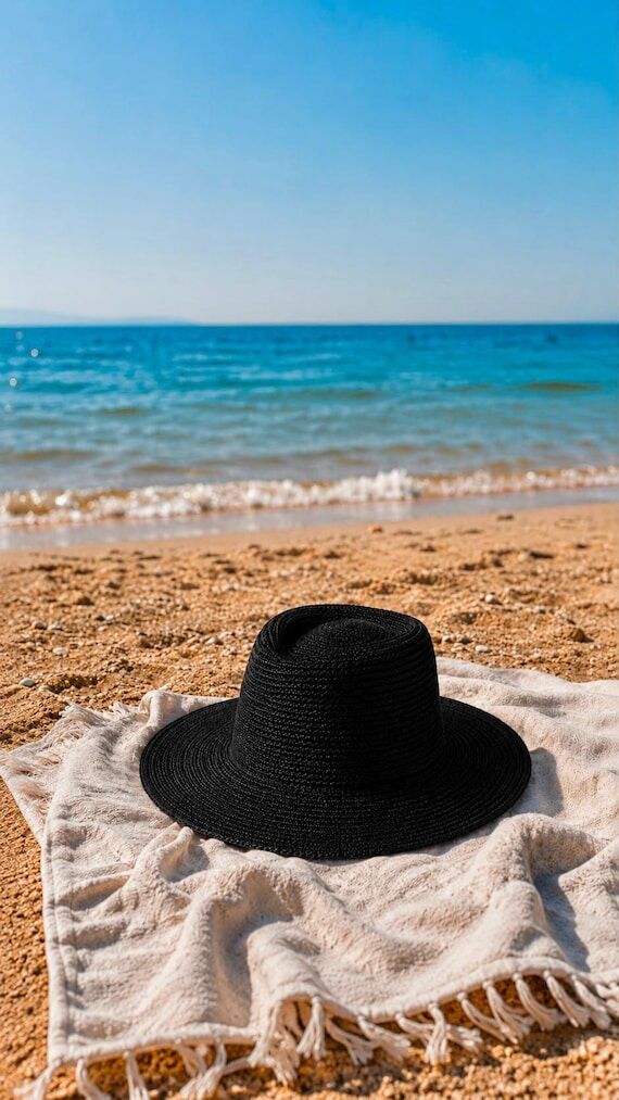 Handmade Black Crochet Sun Hat, Wide Brim Sum...