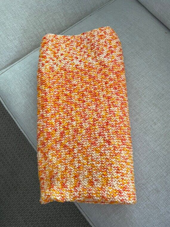 Handmade Knitted Baby Blanket - orange & whit...