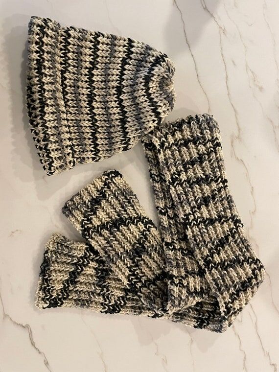Handmade Knitted Hat and Scarf Set Gray, Blac...