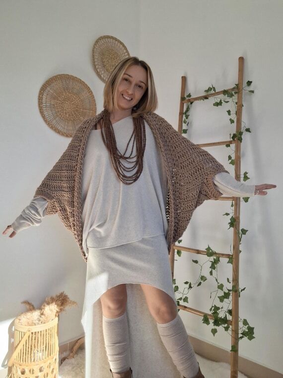 Crochet Cocoon Shrug: Camel Vegan Wool Boho C...