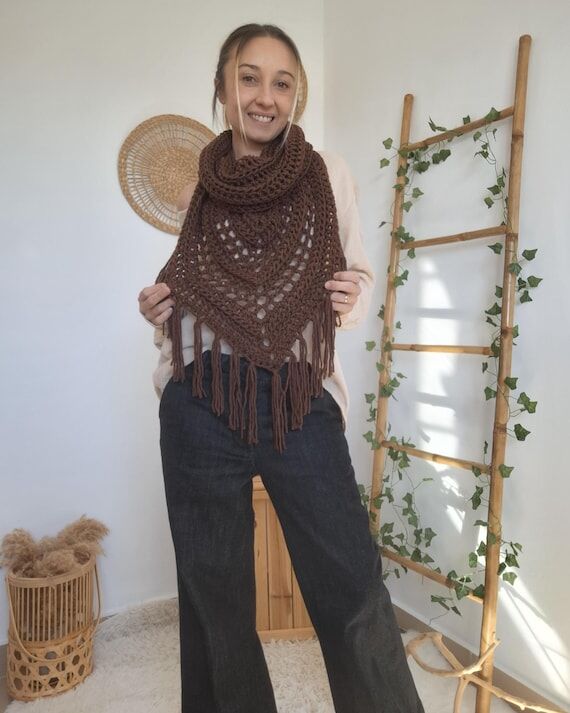 Crochet Hooded Shawl, Chocolate Wrap, Boho Tr...