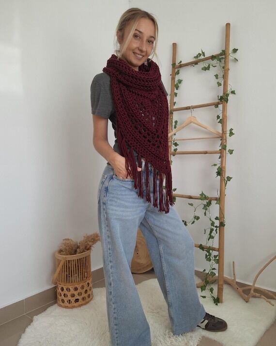 Crochet Hooded Shawl, Burgundy Wrap, Boho Tri...