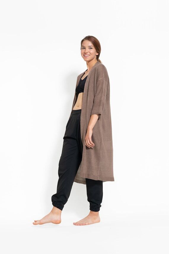 Knitted Linen Cardigan: Long Cocoa Boho Summe...
