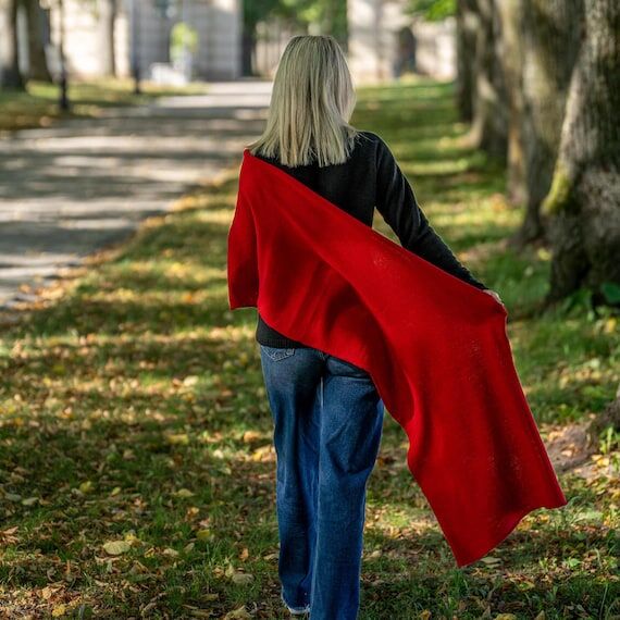 Red knit scarf, soft silk merino cashmere woo...