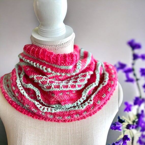 Hand knit Merino Wool Cowl: Pink & Green Summ...