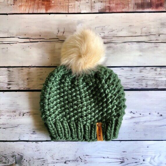 Green Knit Beanie with Pom: Chunky Wool Blend...