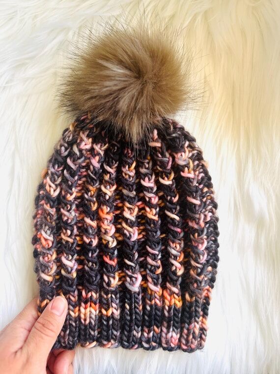 Handmade Chunky Merino Wool Knit Beanie - Bla...