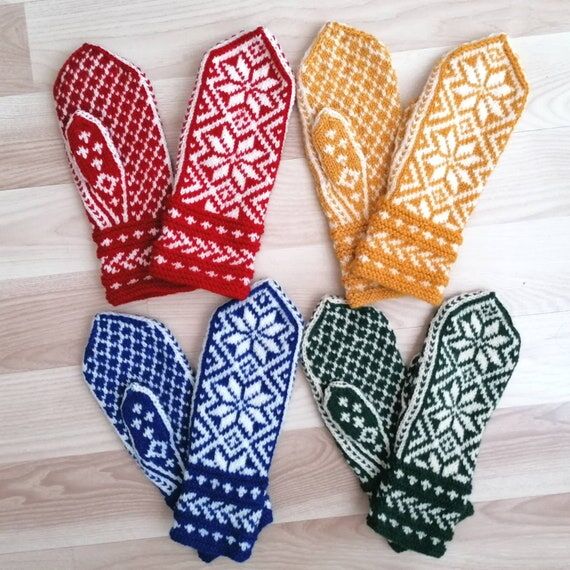 Hand Knitted Wool Nordic Mittens: Colorful Wi...