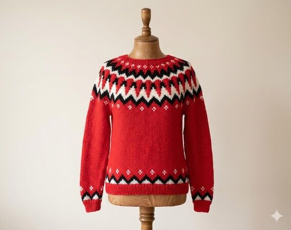 Red Icelandic Wool Sweater: Nordic Knit Pullo...