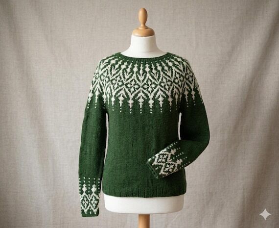 Icelandic Sweater, Green and Cream Pullover, ...