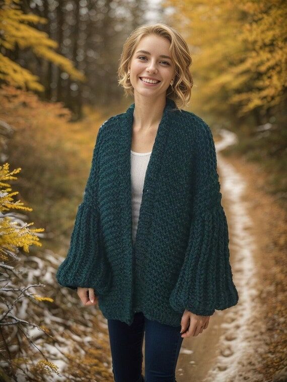 Hand Knitted Chunky Cardigan: Oversized Green...