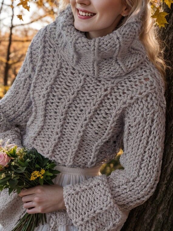 Hand Knitted Y2K Crop Top, Foldover Turtlenec...