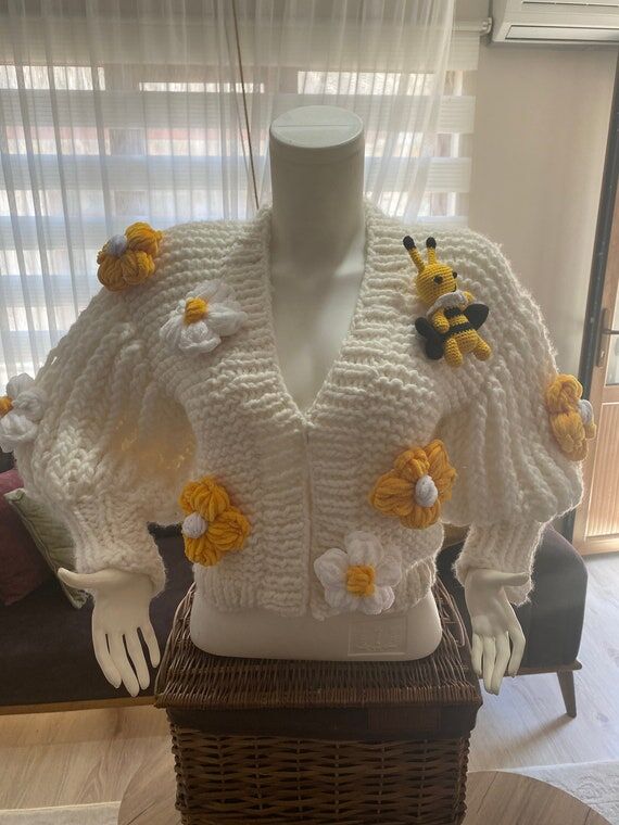 Hand-Knitted Chunky Bee & Daisy Cardigan, Cro...