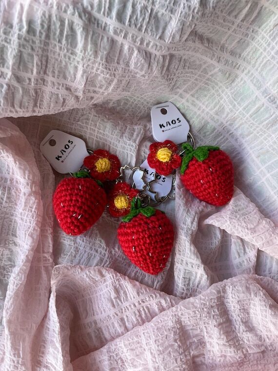 Crochet Strawberry Keychain: Handmade Stuffed...