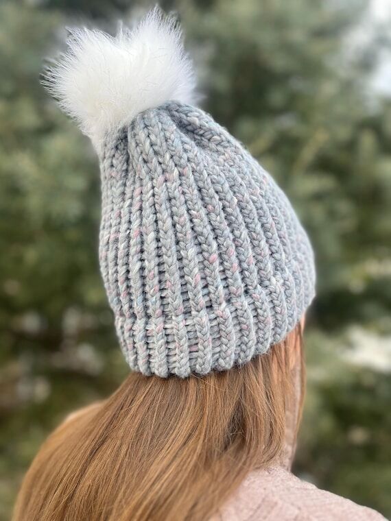 Handmade Chunky Knit Beanie: Blue Grey Winter...