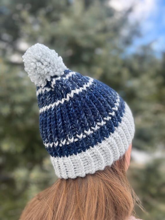 Chunky Knit Beanie with Puffball: Grey & Navy...