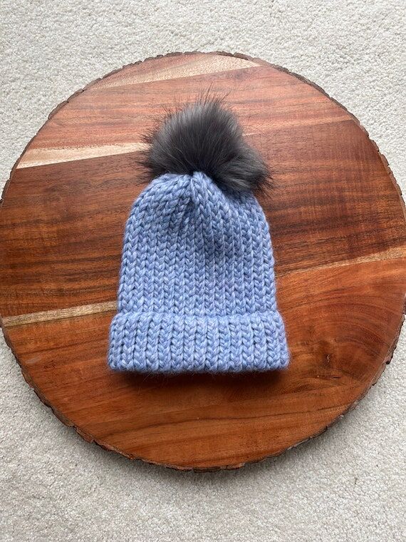 Handmade Knit Baby Beanie: Ice Blue & Grey wi...