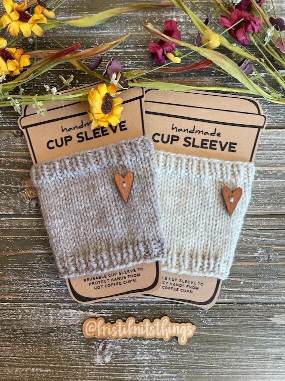 Hand-Knit Coffee Cup Cozy: Wool Blend Yarn Sl...
