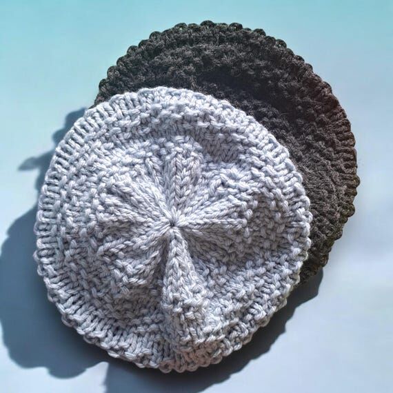 Hand-Knitted Wool Slouchy Beret: Blue & Charc...