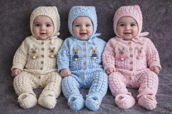 Hand Knitted Baby Romper Set with Bonnet & Bo...