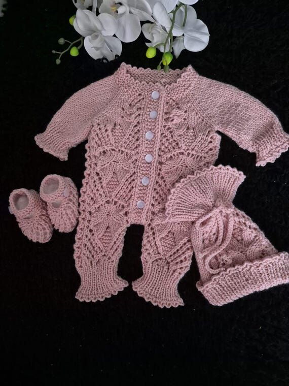 Hand Knitted Baby Girl Set | Pink Baby Romper...