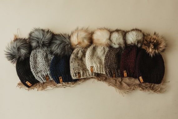 Handmade Knit Beanie with Faux Fur Pom - Pick...