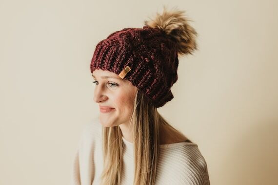 Custom Faux Fur Pom Cable Knit Beanie - Handm...