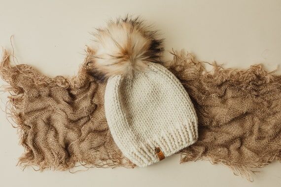 Handmade Knit Beanie: Chunky Faux Fur Pom Hat...