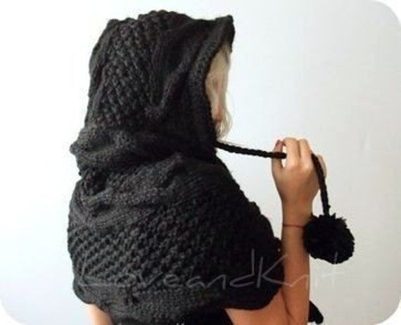 Hooded Scarf / Black Hooded Scarf / Knit Hood...