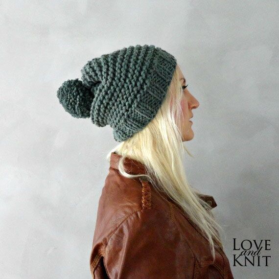 Hand Knitted Pompon Beanie Slouchy Pompom Bea...